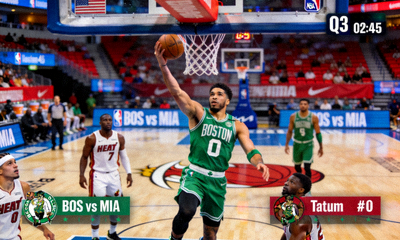 NBA比赛录像回放缩略图，凯尔特人对阵热火，塔图姆三分出手